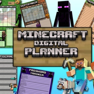 Puede incluir: Un planificador digital con temática de Minecraft. El planificador incluye un calendario mensual, un planificador semanal, una lista de tareas, una sección de notas y un rastreador de contraseñas. El planificador presenta una combinación de colores verde, marrón y azul con gráficos pixelados.