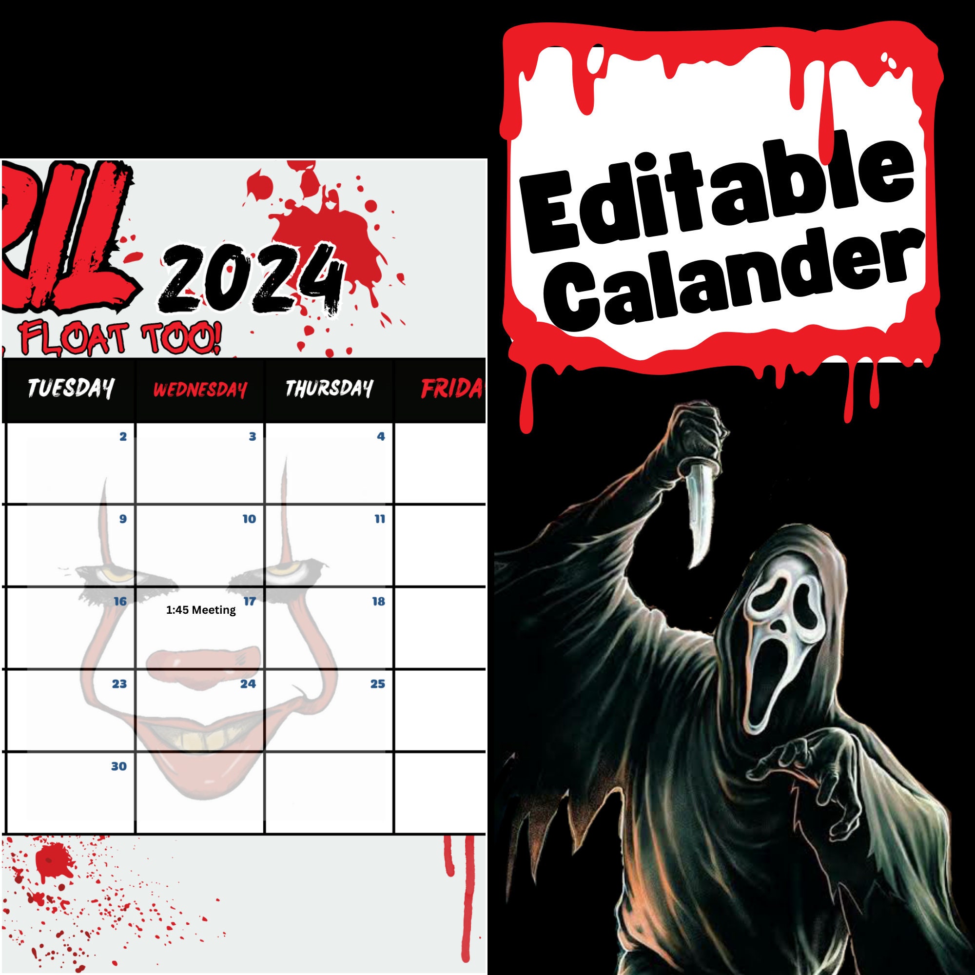 EDITABLE 2024 Printable Horror Movie Calendar,2025 Printable Fillable