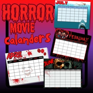 EDITABLE  Printable Horror Movie Calendar, Printable Fillable Monthly Calendar, Thriller Movies, 12 Month Digital Planner, Halloween