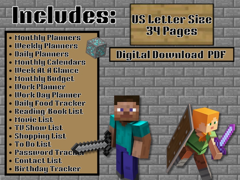 Minecraft Planner Routine Mine Block Video Game Digital Planner Activities for Gamers Digital ...