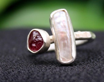 Raw Ruby and Freshwater Pearl Silver Ring: Handmade Jewelry, Unique Design, Christmas Gift