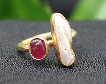 Raw Ruby and Freshwater Pearl Silver Ring: Handmade Jewelry, Unique Design, Christmas Gift