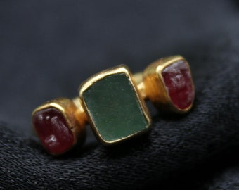 Raw Emerald and Raw Ruby Silver Ring, Christmas Gift, Gift for Her, Rings For Women, Raw Stone Ring, Halloween