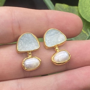 Raw Aquamarine and Pearl Silver Stud Earrings: A Handmade Christmas Gift