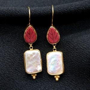 Red Coral and Pearl Drop Earrings, Gold Plated Handmade Jewelry, Bohemian Statement Earrings, Elegant Gift for Her, Christmas Earrings
