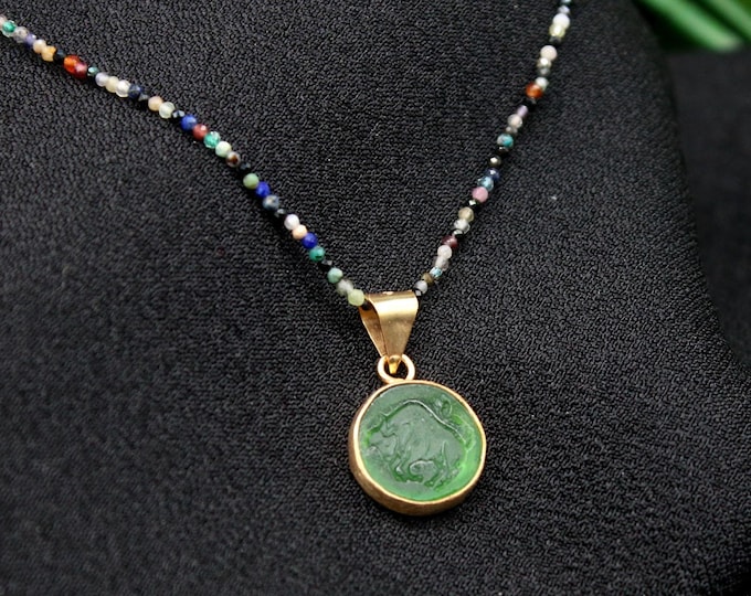 Natural Thermal Quartz Beads and Taurus Intaglio Cameo Glass Silver Necklace – Birthstone Jewelry – Handmade Christmas Gift for Her