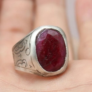 Handmade Natural Ruby Ring For Men, 925 Sterling Silver Statement Ring, Vintage Engraved Silver Jewelry, Unique Gift For Him, Boho Style