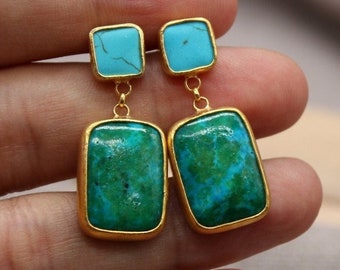 Minimalist Turquoise And Chrysocolla Silver Earrings,Birthstone Earrings, Silver Earrings, Earrings,  Christmas Gift Handmade Jewelry