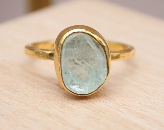 Raw Aquamarine Ring, Handmade 925 Sterling Silver Gold Plated Jewelry, Rough Gemstone Ring, Dainty Minimalist Gift, March Birthstone