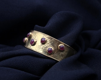 Handmade Raw Ruby Bracelet, Hammered Gold Cuff, Rustic Boho Jewelry, Statement Bracelet For Women, Unique Gift For Her, Mother’s Day Present