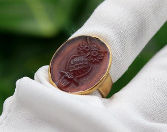 Athena Owl Intaglio Ring, Handmade Greek Glass Ring, 925 Sterling Silver Mythology Jewelry, Unique Gift For Him Or Her, Mothers Day Gift