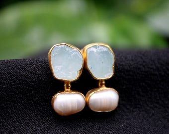 Raw Aquamarine and Pearl Silver Stud Earrings: A Handmade Christmas Gift for Her