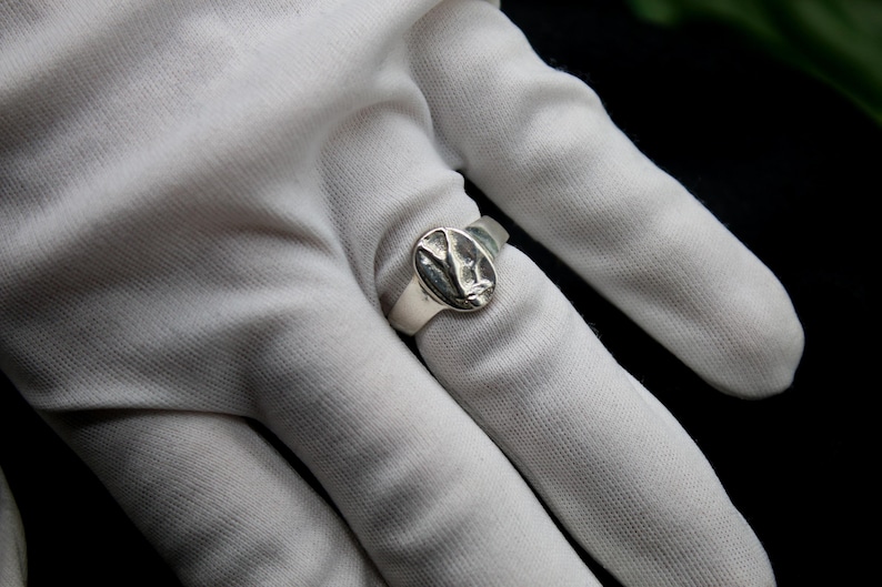 Pu&ograve; includere: Un anello a sigillo d'argento con un design ovale con un motivo testurizzato. L'anello &egrave; indossato su un dito con un guanto bianco.
