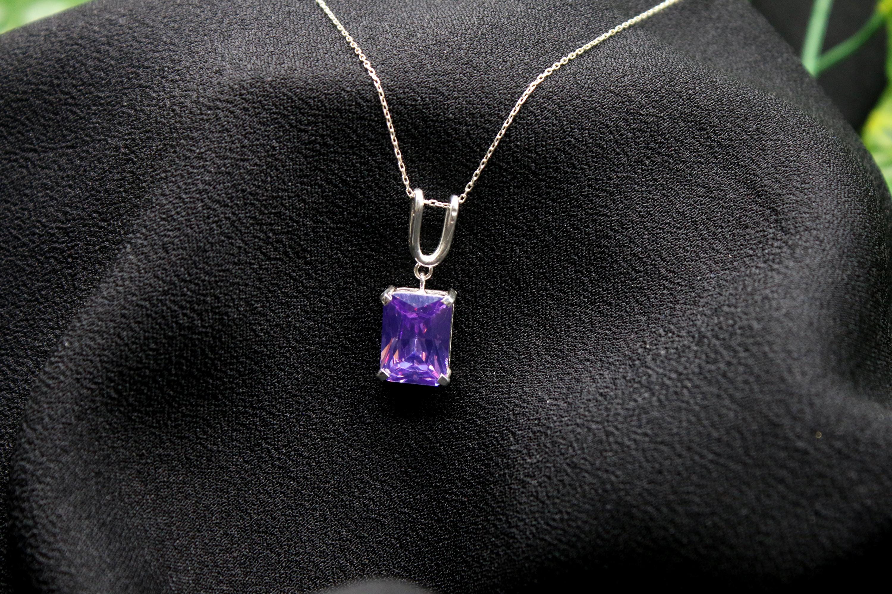 Collier Ancien Avec Pendentif En Améthyste - Chaîne Argent 925, 45cm, Cabochon 42x21mm