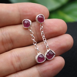 Handmade Raw Ruby Chain Earrings, Sterling Silver Studs, Dangle Minimalist Jewelry, Elegant Gift For Her, Mother’s Day Gemstone Earrings