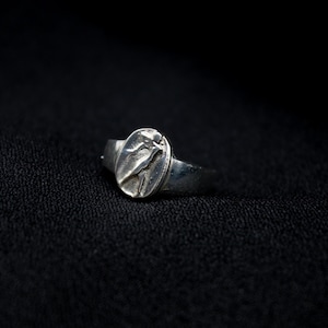 Pu&ograve; includere: Un anello d'argento con un design ovale che presenta una figura di uccello stilizzata.