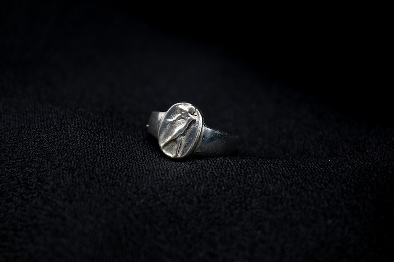 Pu&ograve; includere: Un anello d'argento con un design ovale che presenta una figura di uccello stilizzata.
