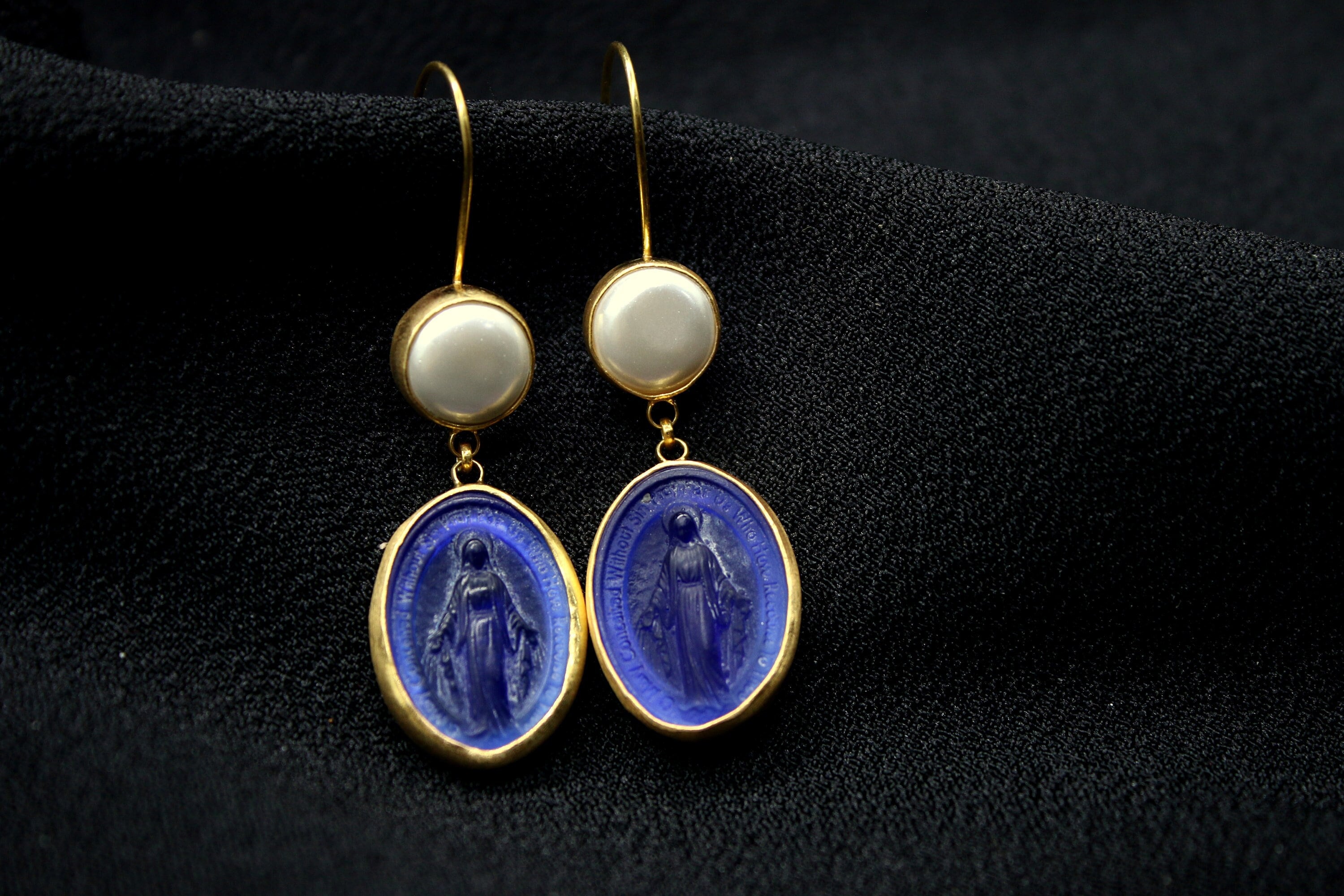 Intaglio Virgin Mary and Pearl Silver Earrings - Handmade Artisan Jewelry