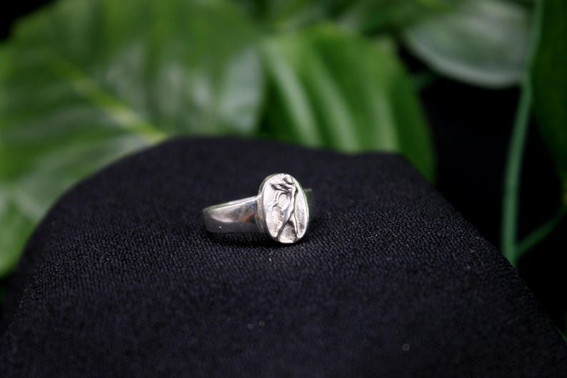 Pu&ograve; includere: Un anello d'argento con un design ovale che presenta un motivo floreale stilizzato.