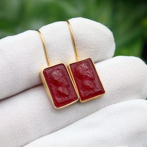 Vintage Roman Intaglio Earrings, Handmade 925 Sterling Silver Gold Dangle Earrings, Red Glass Coin Jewelry, Antique Style Gift For Her