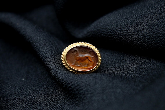 Vintage Intaglio Lion Ring, Gold-Plated Silver, Handmade Statement Jewelry, Unique Christmas Gift for Her
