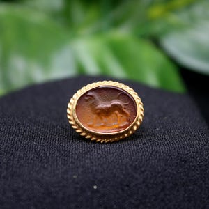 May include: A gold-toned ring with a brown cameo featuring a carved image of a lion.