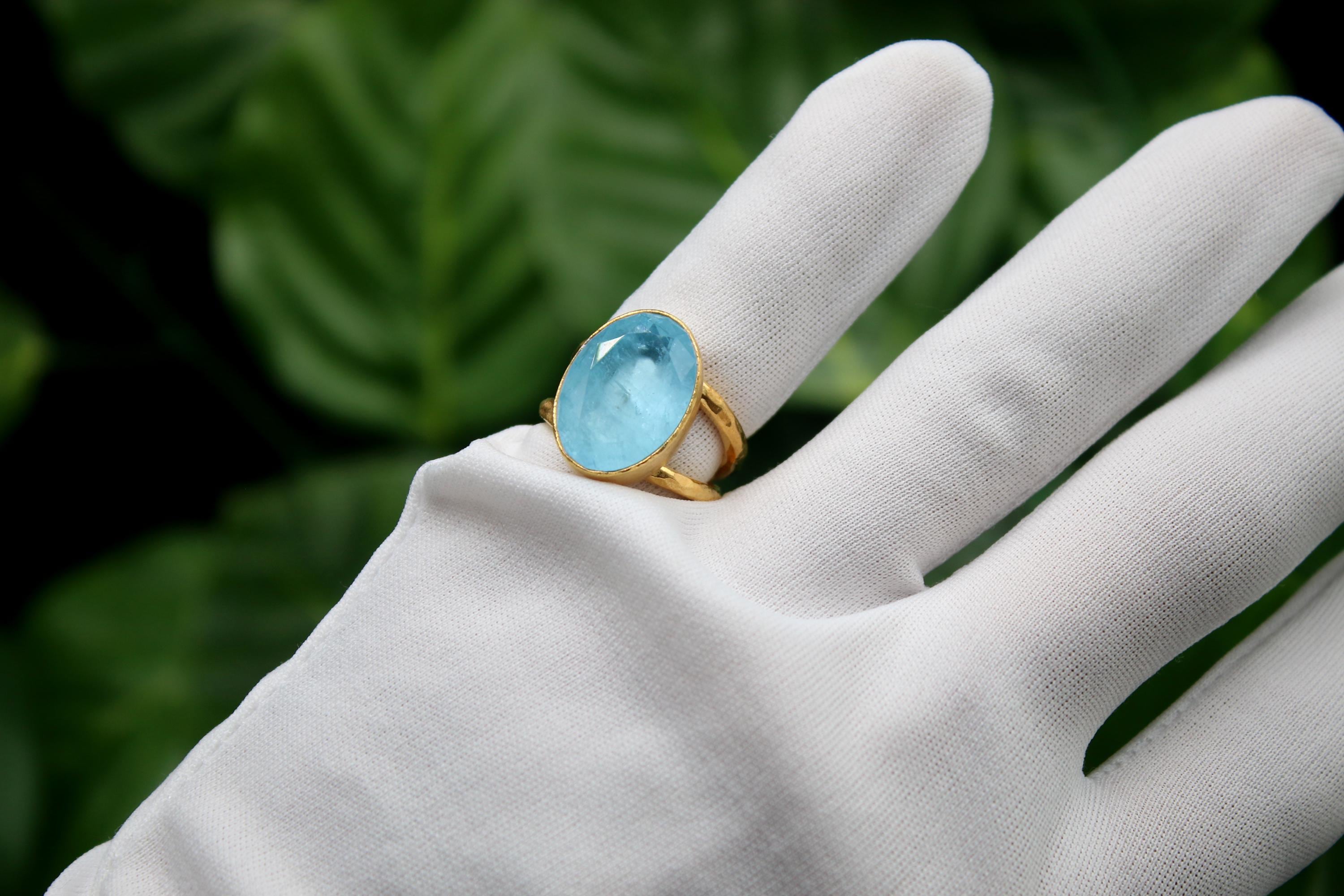 Large Aquamarine Silver Ring, Gold-plated Statement Jewelry