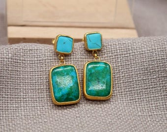 Handmade Turquoise And Malachite Earrings, Gold Plated Silver Dangle Jewelry, Elegant Statement Earrings, Unique Gift For Her, Mother’s Day