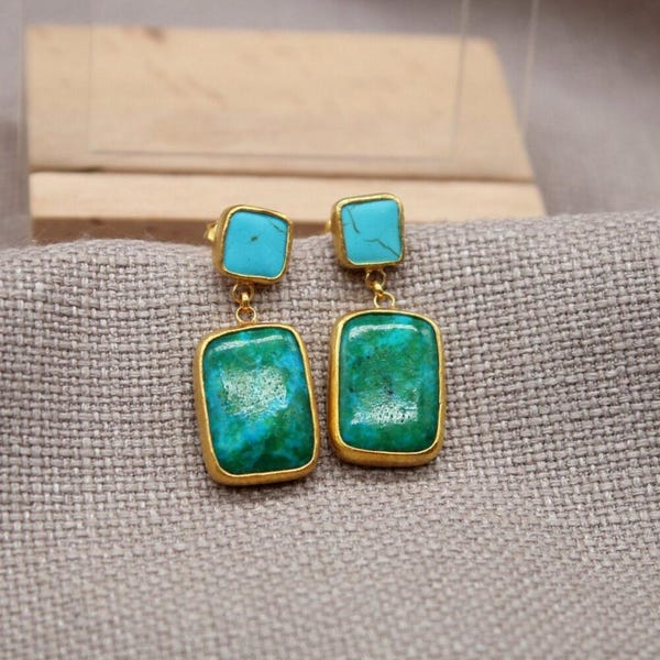 Handmade Turquoise And Malachite Earrings, Gold Plated Silver Dangle Jewelry, Elegant Statement Earrings, Unique Gift For Her, Mother’s Day