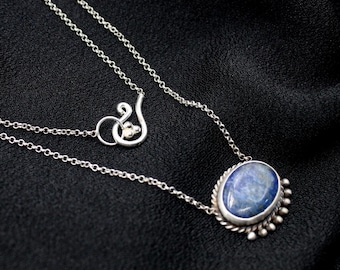 Handmade Lapis Lazuli Pendant Necklace in 925 Sterling Silver – Vintage Boho Gemstone Jewelry Gift for Her, Tribal Blue Stone Necklace