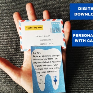 Mini set stampabile della fatina dei denti blu con lettera dei denti e busta da fatina, set fatina piccola, personalizzabile con istruzioni, download stampa digitale