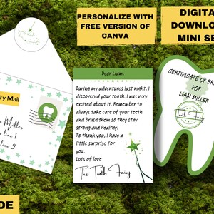 Mini set stampabile della fatina dei denti verde con lettera, certificato dei denti e busta della fatina, personalizzabile con istruzioni, download digitale fai da te EN e DE
