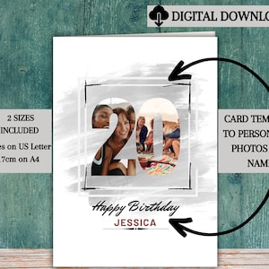 Modelo personalizável de cartão de feliz aniversário de 20 anos para suas próprias fotos e nomes, modelo de aniversário de 20 anos DOWNLOAD DIGITAL