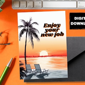 Carte de retraite, pension, imprimable, Bonne retraite drôle ou carte sabbatique, scène de plage avec texte profitez de votre nouveau travail TÉLÉCHARGEMENT NUMÉRIQUE