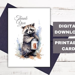 Gracias lindo mapache con tarjeta de impresión digital estilo acuarela de tarro de galletas con decir "Gracias" - tarjeta imprimible DIY - DESCARGA DIGITAL