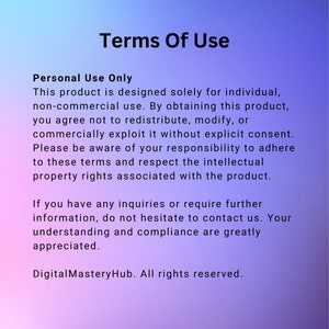 May include: Terms of Use for a product. This product is designed for individual, non-commercial use. It is prohibited to redistribute, modify, or commercially exploit the product without explicit consent. The text emphasizes the importance of respecting intellectual property rights.