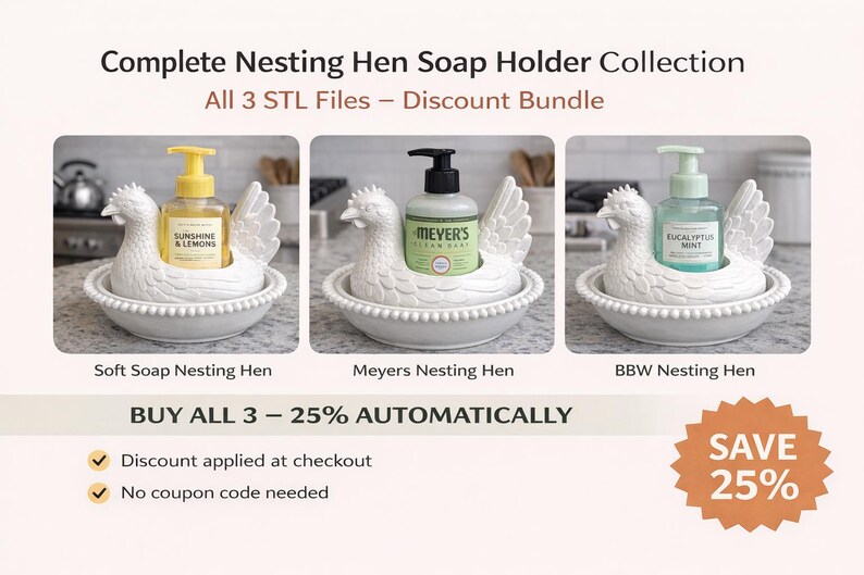 K&ouml;nnte beinhalten: Das Bild zeigt eine Sammlung wei&szlig;er Keramik-Nisthennen-Seifenhalter, die jeweils eine andere Seifenflasche halten. Der Text "Complete Nesting Hen Soap Holder Collection" und "BUY ALL 3 - 25% AUTOMATICALLY" sind sichtbar. Der Text "SAVE 25%" ist ebenfalls vorhanden.