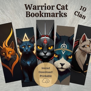 Warrior Cats Bookmarks Printable | 10 Clan Fantasy Cat DIY Bookmark Pack