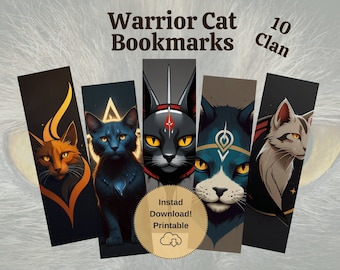 Warrior Cats Bookmarks Printable | 10 Clan Fantasy Cat DIY Bookmark Pack