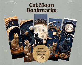 Printable Cat Moon Bookmarks - Digital Download for Lunar Feline Lovers