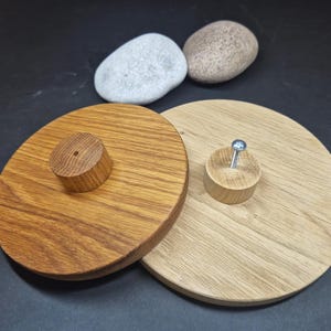 May include: Two circular wooden discs with a natural grain finish, one in a medium brown tone and one in a light tan tone. Each disc features a small cylindrical wooden knob at the center. One knob has a metal screw inserted, and a loose screw lies nearby.