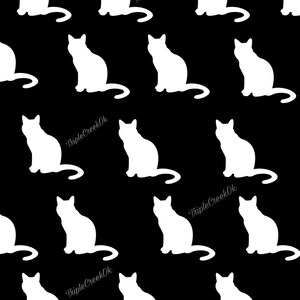 May include: A black and white seamless pattern featuring a repeating silhouette of a white cat sitting on a black background. The text "Triple Creek Ok" appears in the pattern.