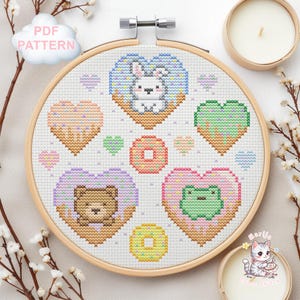 Kawaii Animal Donuts Cross Stitch Pattern, Beginner Embroidery, Frog, Bunny, Bear, Pastel Hearts (Digital Download)