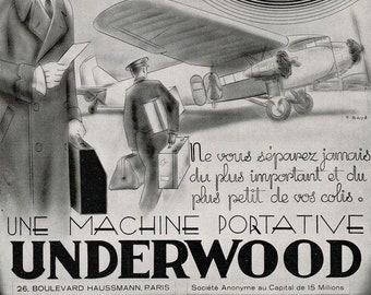 Originele Franse Art Deco tijdschriftafdruk. 1929 Underwood Typewriter Advertentie van Bosse, een vintage reclameposter, perfect om in te lijsten.