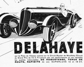 Publicité originale française dans un magazine Art Déco par René Ravo. Impression publicitaire de Delahaye, 1935. Une affiche publicitaire vintage parfaite pour encadrer