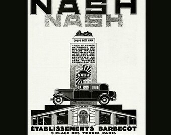 Annuncio originale della rivista Art Déco francese. Stampa pubblicitaria automobilistica Nash del 1930. Un poster pubblicitario vintage perfetto da incorniciare. Arte muraria
