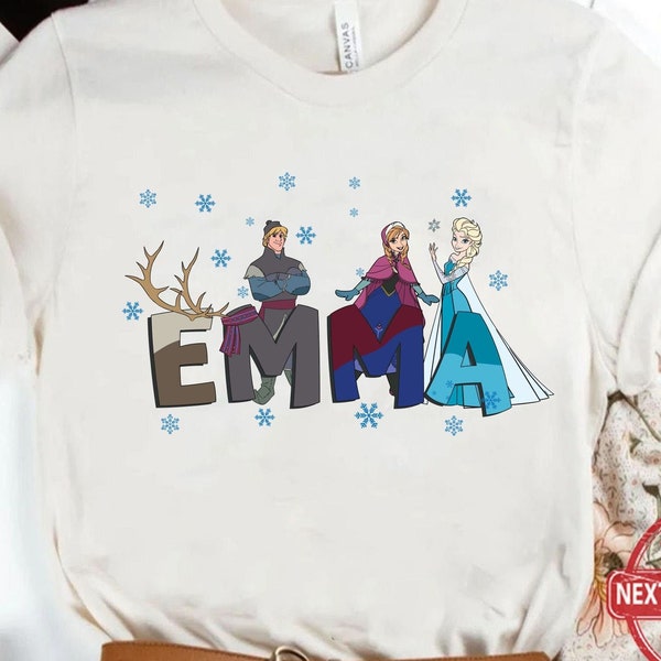 Custom Name Frozen Characters Matching T-shirt, Personalized Disney Elsa Anna Olaf Kristoff Sven Tee, Disneyland Family Holiday Trip Gift