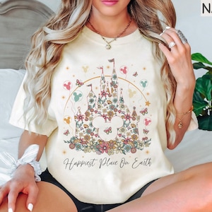 Retro Disney Castle Floral Shirt, Vintage Disney Shirt, Happiest Place on Earth Shirt , Magic Kingdom Shirt, Disneyland Family Trip 2024 Tee