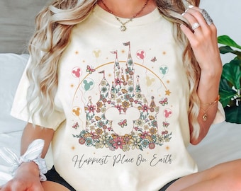 Retro Disney Castle Floral Shirt, Vintage Disney Shirt, Happiest Place on Earth Shirt, Magic Kingdom Shirt, Disneyland Family Trip 2024 Tee