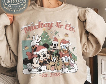 Retro Micky und Freunde Weihnachtshemd, Mickey & Co Est 1928 Weihnachtshemd, Disney-Charaktere Weihnachtst-stück, Familien-Weihnachtsausflug-T-Shirts